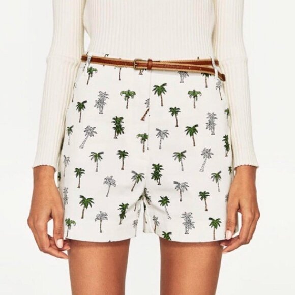 Zara Palm Tree Shorts Belted Stretch Tropical High Waist White Green Tan XS - Picture 1 of 10
